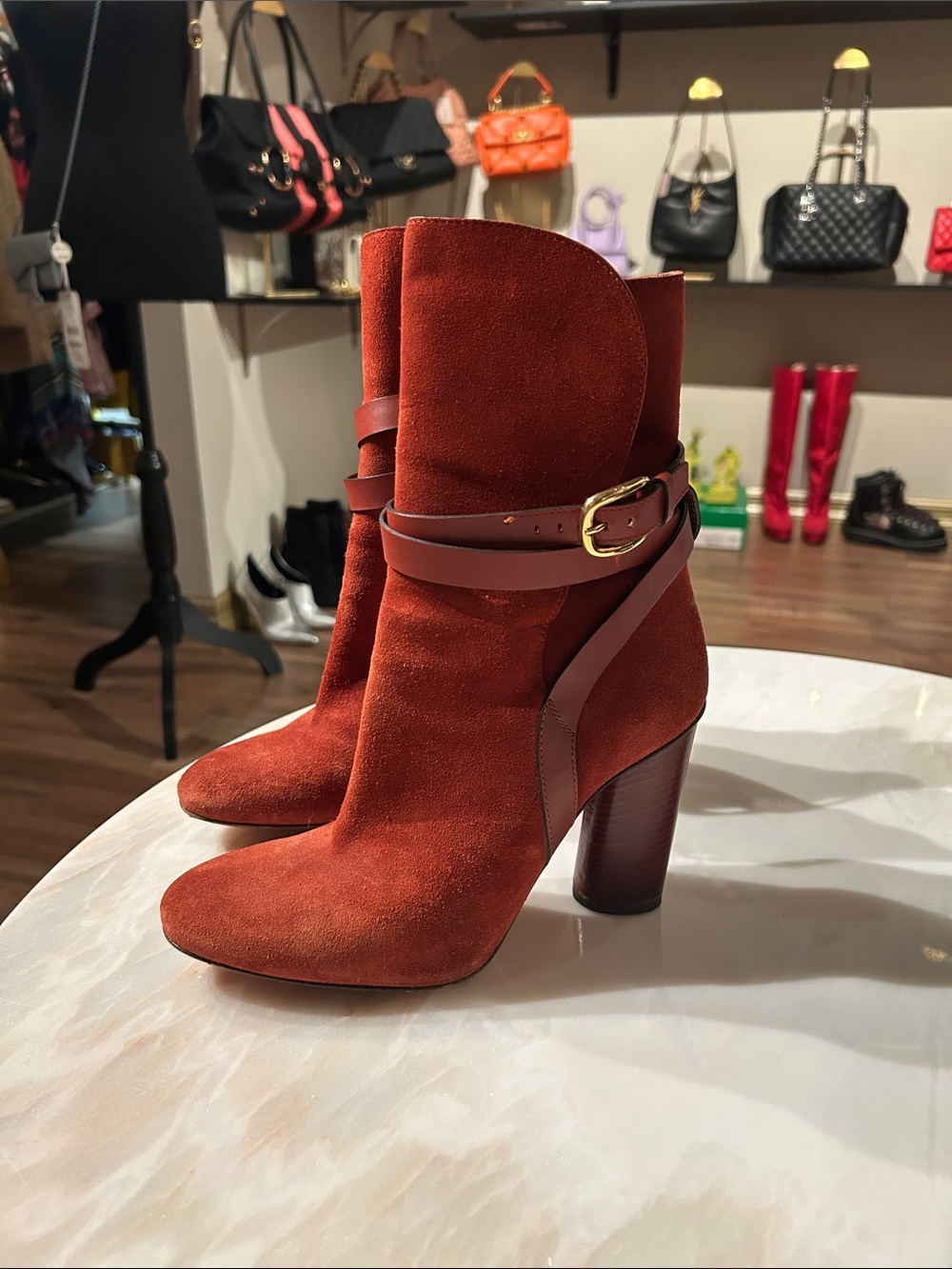 Gucci Rust Suede Ankle Boots with Wrap Strap and Gold Buckle